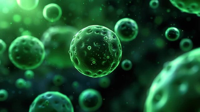 Microscopic World: An intriguing glimpse into the unseen realm of biology. Numerous spherical microorganisms float, embodying the essence of life and scientific discovery.