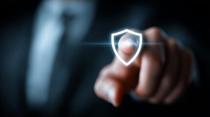 Hand Touching Digital Shield Icon Representing Cyber Security