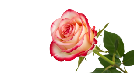 Bicolor Rose with Cream and Pink Edges and Green Stem and Leaves, cutout, PNG isolated on white or transparent background