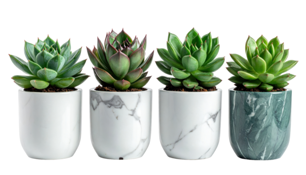 Collection of Four Contemporary Succulent Plants in Stylish Pots with a Transparent Background