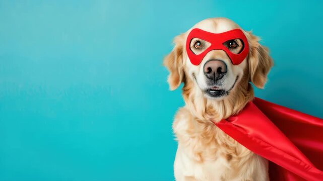 Heroic canine: a golden retriever, adorned in a superhero mask and cape, embodying courage and strength against a vibrant turquoise backdrop.
