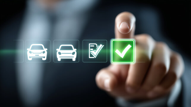 Businessman Touching Green Checkmark on Virtual Car Selection Interface - Powered by Adobe