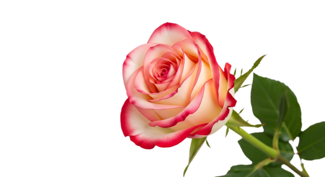 Bicolor Rose with Cream and Pink Edges and Green Stem and Leaves, cutout, PNG isolated on white or transparent background