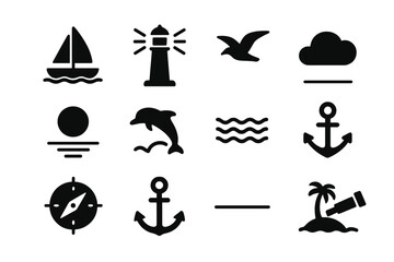 Obraz premium Ocean Horizon Icons. Ocean Horizon. Solid icon set of Ocean Horizon: sailboat, lighthouse, seagull, sun reflection, dolphin, waves, cloud, compass, anchor,