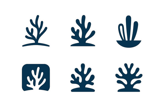 Ocean Floor Logos. Ocean floor. Icon set. Set Logo of Ocean floor: Coral reef. harmonious logo variations of the same emblematic concept (Minimal outline,