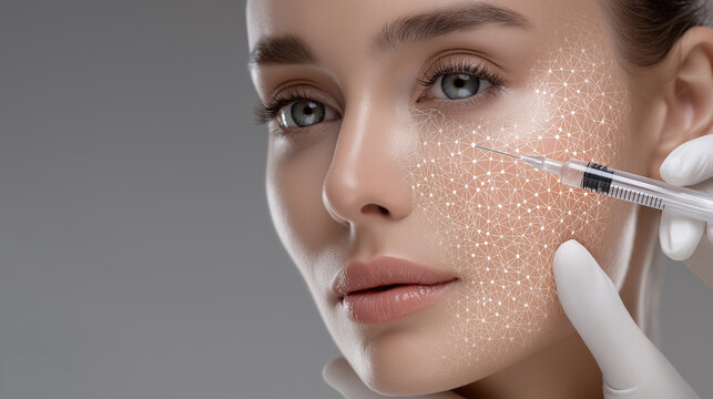 Woman Receiving Cosmetic Facial Injection with Digital Skin Concept