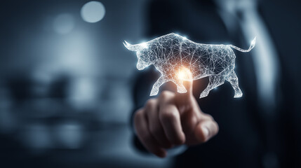 Businessman touching digital bull symbol representing stock market growth