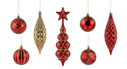 Assortment of Red and Gold Christmas Ornaments with Intricate Patterns, cutout, PNG isolated on white or transparent background