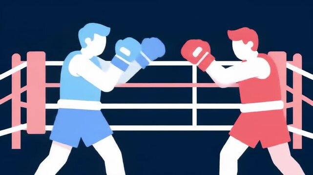Vector art illustration of a professional boxing competition, with two athletes in red and blue competing in a ring