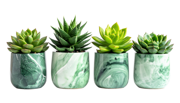 Four Varieties of Green Succulents in Stylish Marble Planters with Transparent Background