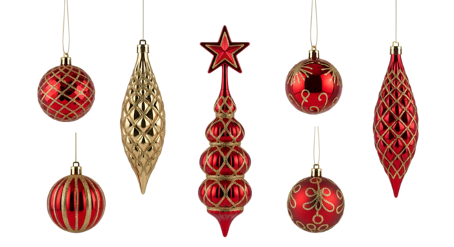 Assortment of Red and Gold Christmas Ornaments with Intricate Patterns, cutout, PNG isolated on white or transparent background