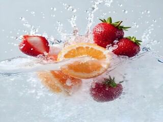 A high-speed photograph capturing fresh strawberries and a slice of vibrant orange plunging into clear water, generating a powerful splash and energetic bubbles. The light gray background accentuates 