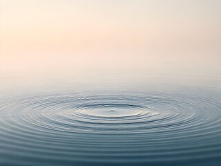 A serene and minimalist photograph capturing perfectly concentric ripples expanding across a calm, still surface of water. The water is rendered in cool blue-gray tones.