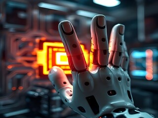A sleek, white robotic hand reaches out toward an intensely glowing orange-red central circuit panel in a dark, high-tech environment. The image captures the moment of interaction.