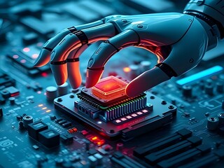 A sleek, white robotic hand reaches out toward an intensely glowing orange-red central circuit panel in a dark, high-tech environment. The image captures the moment of interaction.