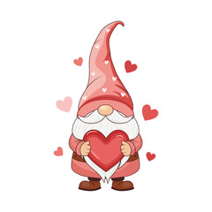 Cute cartoon gnome holding a big red heart. Valentine's Day. Vector