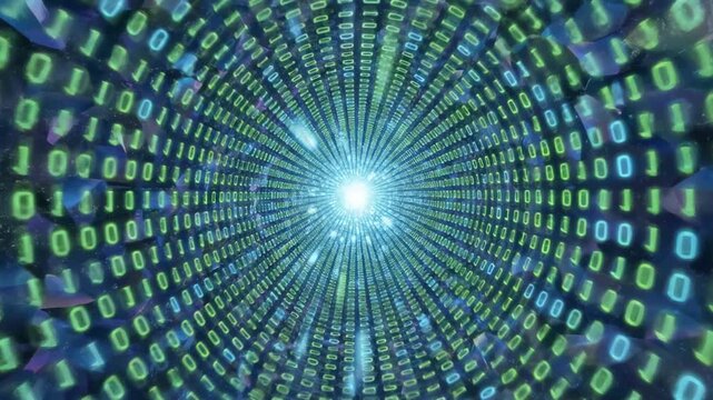 A tunnel-like digital landscape with binary code converging toward a bright central light source