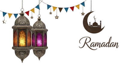 Ornate Ramadan lanterns with colorful glass and Islamic crescent moon mosque silhouette, cutout, PNG isolated on white or transparent background