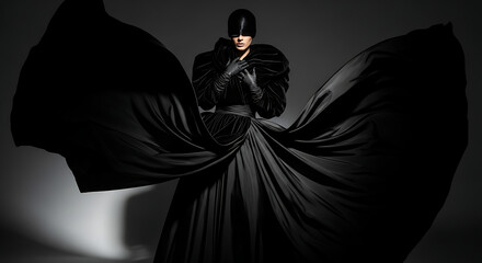 Woman in flowing black dress and mask