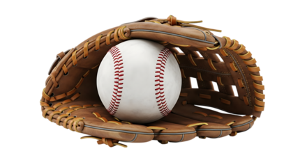 Baseball and catcher's mitt with red stitching, cutout, PNG isolated on white or transparent background
