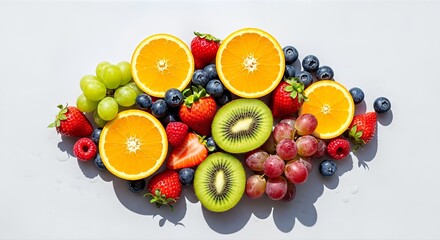 A vibrant assortment of fresh fruits including sliced oranges, strawberries, blueberries, kiwi, raspberries, and green and red grapes arranged on a white surface.