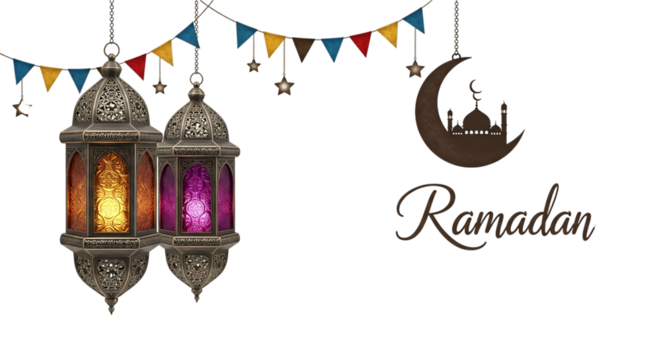 Ornate Ramadan lanterns with colorful glass and Islamic crescent moon mosque silhouette, cutout, PNG isolated on white or transparent background