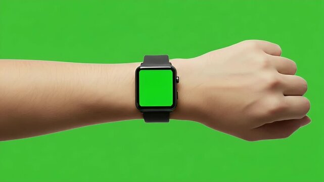 Modern smartwatch on wrist with green screen for customizable display, perfect for tech demos or app previews.