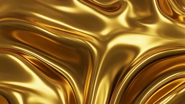 Abstract close-up of a luxurious golden liquid texture with flowing, wavy patterns and a highly reflective surface.
