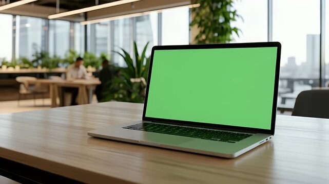 Modern laptop with green screen on desk in bright co-working space, ready for your custom content