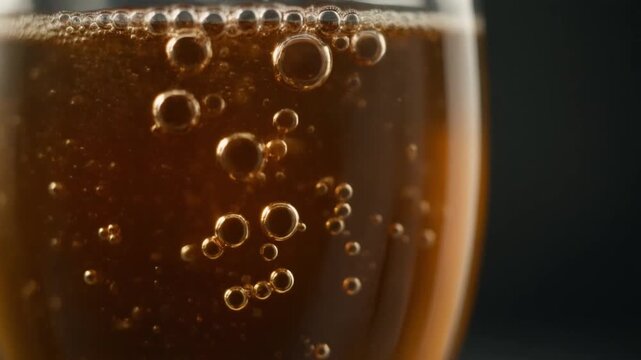 A detailed macro shot of effervescent bubbles rising in a glass of a dark carbonated beverage against a black background.