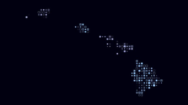 Hawaii animated shape. Pulsating colored dots on the map of the state. Small size rounded square blocks. Digital style Hawaii map on dark background. Modern animation video.