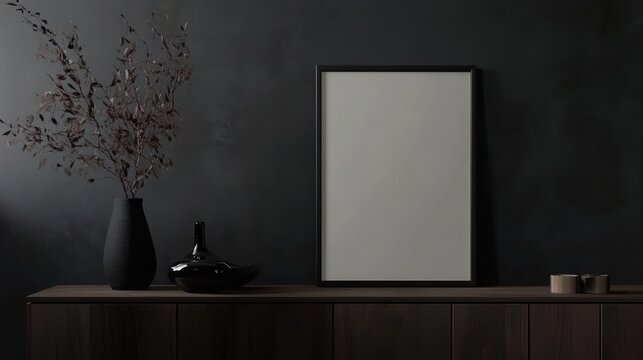 minimalist interior scene with blank frame on dark gray wall surface, alongside dried floral arrangement, perfect for mockups and presentations