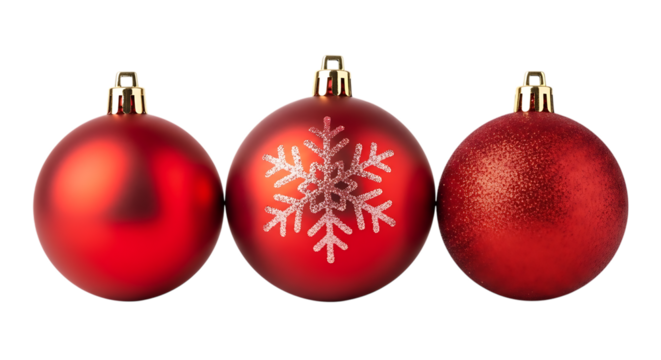 Three red Christmas ornaments one with snowflake design and one glittery, cutout, PNG isolated on white or transparent background