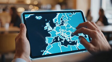 Close up of hands interacting with a glowing blue digital world map on a tablet screen symbolizing global connectivity data and modern technology - Powered by Adobe