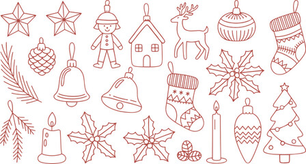 Christmas Outline Clipart Set in Warm Red Festive Hand Drawn Holiday Icons Scandinavian Minimal Line Art Collection Cozy Winter Doodles for Stickers, Crafts, Sublimation, and Digital Projects