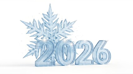 3D render of sparkling ice numbers '2026' with a large frosty snowflake on a clean white background, conveying a fresh winter and New Year's theme.