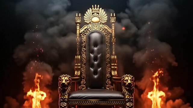 Ornate Golden Throne Surrounded by Fire and Smoke Dramatic Lighting Intense Atmosphere Regal Opulence Power Symbolism Epic Fantasy Setting