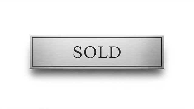 A modern brushed silver plaque with the word SOLD in black, casting a subtle shadow on a clean white background. Perfect for real estate, business, or e-commerce imagery.