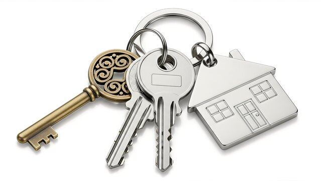 Close-up of house keys and a metallic house-shaped keychain, neatly arranged on a bright white background. Symbolizes home ownership, security, and real estate.