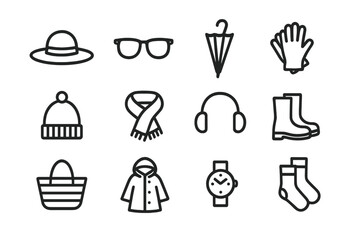 Seasonal Accessories Icons. Seasonal accessories. Line icon set of seasonal accessories: sun hat, sunglasses, umbrella, gloves, beanie, scarf, earmuffs, boots,