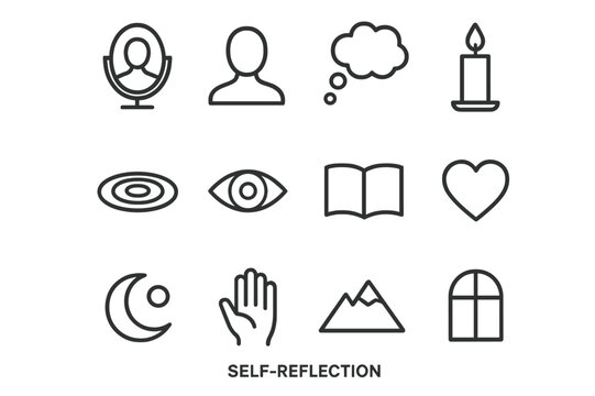 Self-Reflection Icon Set. Self-reflection. Line icon set of self-reflection: mirror, human silhouette, thought bubble, candle, water ripple, eye, book, heart,
