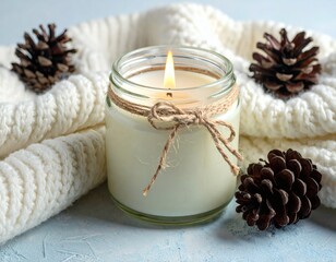 Winter Cozy Still Life with Candle and Knit Fabric