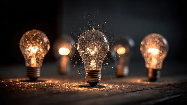 Great idea concept, Idea, innovation and inspiration, creativity with light bulbs that shine glitter on table, new ideas with innovative technology and creativity, business, education, technology