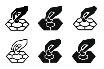 Strategy Game Icons. Engaging in a strategy game. Icon set. Set Logo of engaging in a strategy game: hands placing a token on a hexagonal board. harmonious