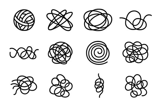 String Chaos Icons. String chaos. Line icon set of string chaos: twisted ball, overlapping threads, messy yarn, entangled cord, pulled threads, tangled web,