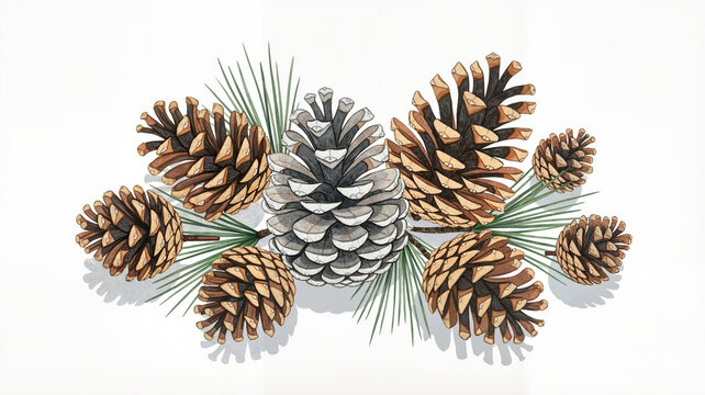 Collection of hand-drawn pinecones and evergreen needles arranged on a white background for a winter nature decoration concept and festive botanical design