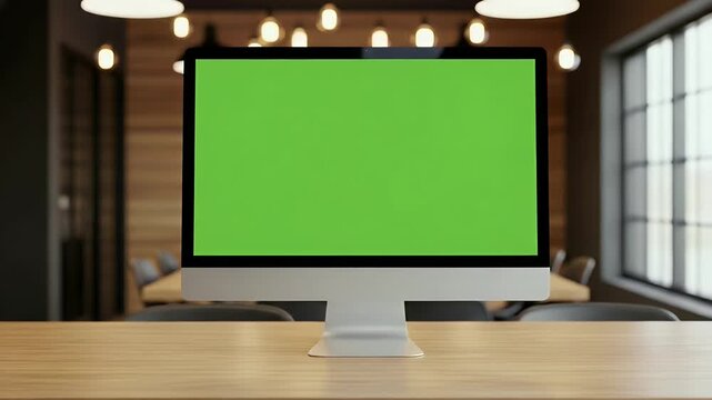 Modern office with green screen desktop computer ready for creative content creation and digital presentations
