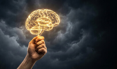 Creative innovation concept – glowing brain light bulb in human hand, inspiration and idea metaphor