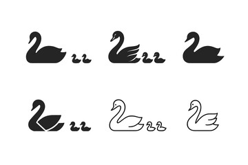 Swan Logo Variations. Swans. Icon set. Set Logo of swans: mother swan with cygnets following in line. harmonious logo variations of the same emblematic
