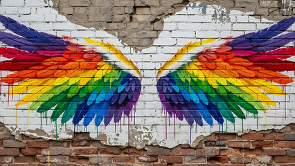 Textured rainbow wings graffiti on rough brick wall with vibrant paint details and urban artistic fe 80954088 1